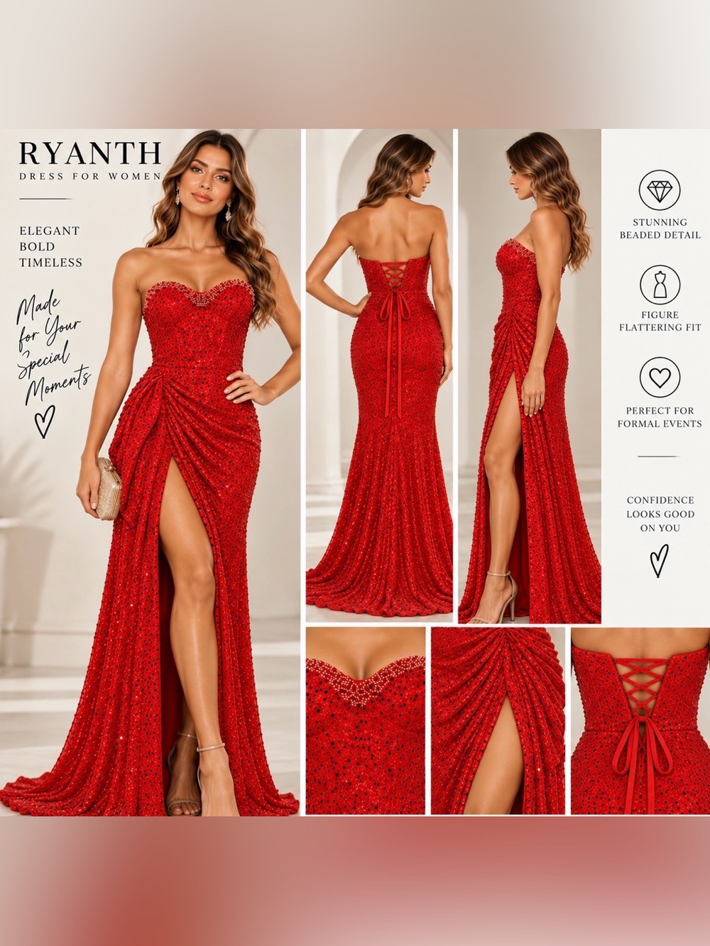 RYANTH Red Sequin Beaded Strapless Corset Formal Gown Dress Size 12